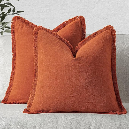 MIULEE Decorative Throw Pillow Covers Neutral Linen Fringe Throw Pillows Set of 2 Burnt Orange Boho Farmhouse Cushion Covers with Tassels for Couch Sofa Bed Living Room Home Decor 26x26 Inch