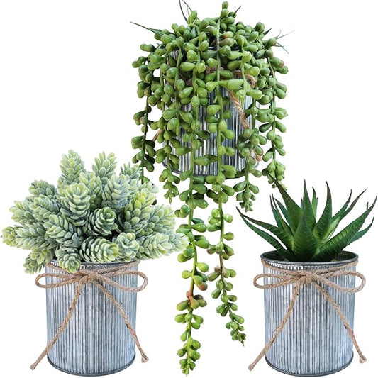 Winlyn Set of 3 Small Artificial Succulent Potted Plants Faux Aloe Hops Hanging Succulent in Rustic Galvanized Metal Pots Fake Plant Decor for Farmhouse Home Office Wedding Windowsill Table Shelf