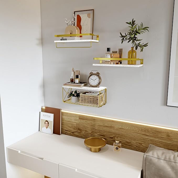 Bathroom Shelves with Wire Storage Basket, Floating Shelves Over Toilet with Protective Metal Guardrail, Wall Shelves for Bedroom, Living Room, Kitchen and Bathroom Toilet Paper