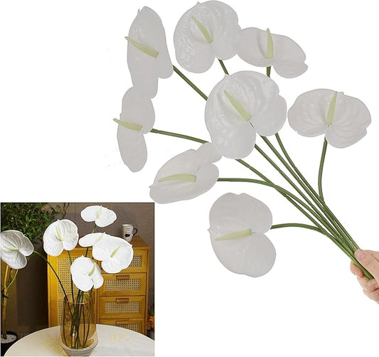 10pcs Artificial Anthurium,28 Inch Faux Tropical Plants Tailflowers,Realistic Flamingo Flower for Home Decor Centerpiece Wedding Bouquet Bonsai,White