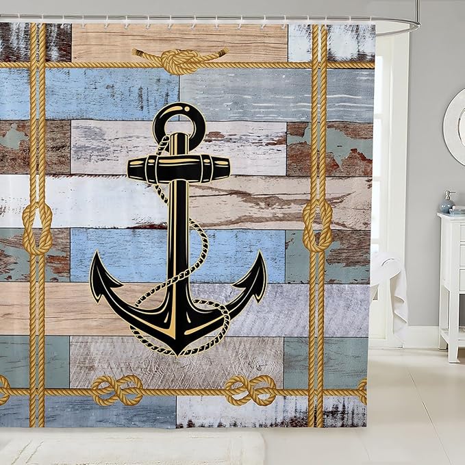 Feelyou Anchor Nautical Shower Curtain Vintage Plank Blue Brown Fabric Shower Curtain for Kids Ocean Themed Bathroom Waterproof Accessories with 12 Hooks Geometric Stripe Curtains,72X84 Inches