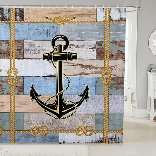 Feelyou Anchor Nautical Shower Curtain Vintage Plank Blue Brown Fabric Shower Curtain for Kids Ocean Themed Bathroom Waterproof Accessories with 12 Hooks Geometric Stripe Curtains,72X84 Inches