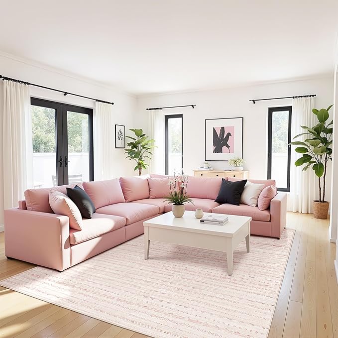 Pink 5x7 Area Rugs for Living Room Nursery, Washable Rugs Moroccan Boho Farmhouse Rug with Non-Slip Backing, Soft Low Pile Indoor Floor Carpet Neutral Rug for Bedroom Dining Room
