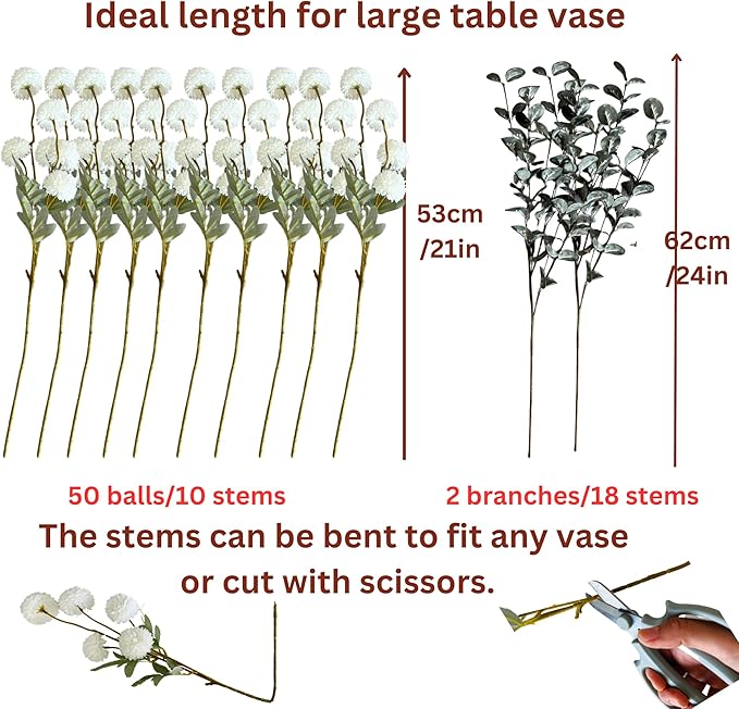RyddeligHome White Faux Flowers for Vase - Kiku 10 Stems & Eucalyptus, Fake Flowers Stems, Realistic Artificial Flowers, Pom Pom Balls for Aesthetic Room Decor, Floral Arrangements Centerpiece