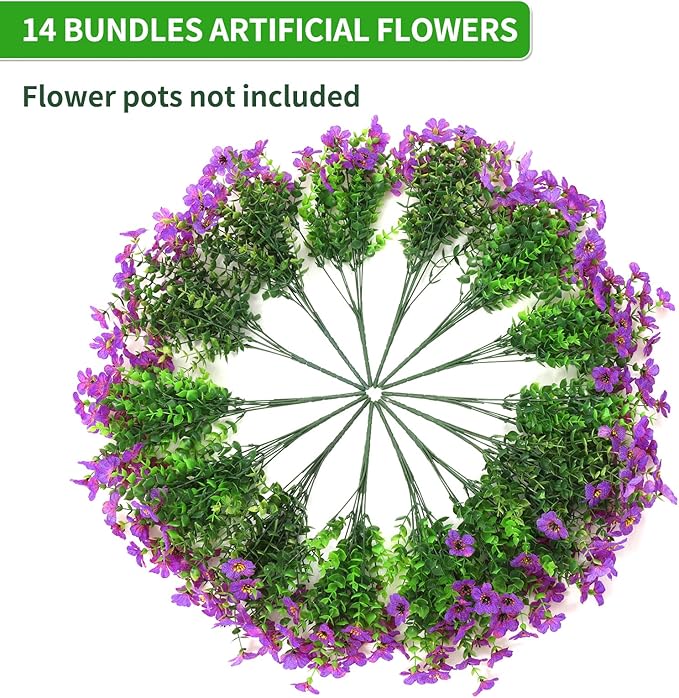 Artificial Flowers Outdoor, Faux Silk Flowers Plastic Plants for Outdoors Indoor Outside Front Porch Hanging Planter Window Box Garden Home Decoration, 14 Bundles(Purple)