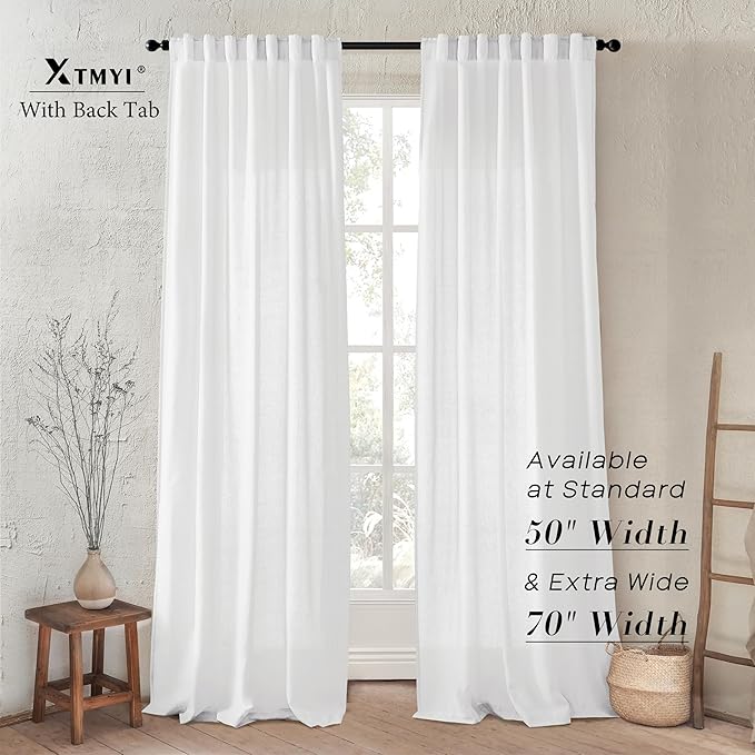 White Linen Curtains 102 Inches Long 2 Panels Back Tab Hook Pleated Rod Pocket Cotton Polyester Blend Light Filtering Semi Sheer Curtain Drapes for Bedroom Living Room,Total 100 In Wide 8.5FT Length