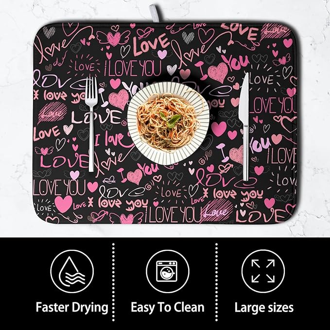 Mother's Day Dish Drying Mat for Kitchen Counter Love Heart Black Drying Mats Absorbent Reversible Microfiber Dish Pad Washable Dish Draining Mat Extra Large 18x24 Inch