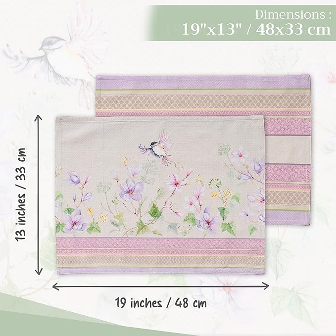 Maison d' Hermine Placemats Set of 4 100% Cotton Washable Cloth Place Mats, Reusable Table Mats for Kitchen Dining Decoration, Party, Wedding, Restaurant Spring/Summer (Magnolia Mornings, 13" x 19")