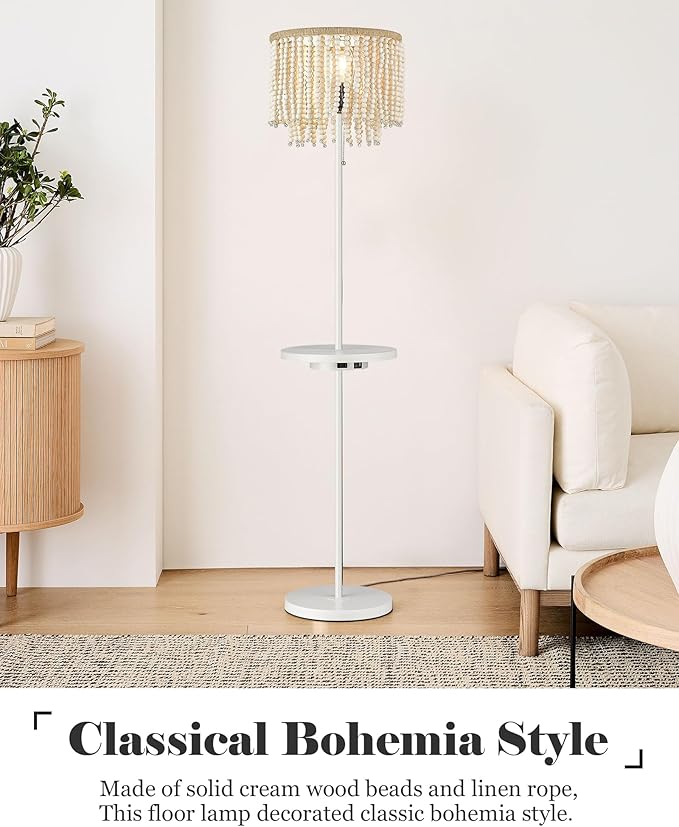 ELYONA Boho Standing Light Birch Wood Beaded Table Floor Lamp with USB Type-C Charging Ports and Outlet, 58" Tall Reading Lamp, Side Table Lamp for Farmhouse Bedroom Livingroom Girl Room, White