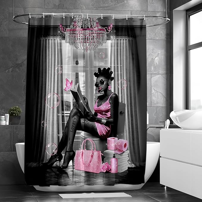African American Shower Curtain Fashion Black Girl Shower Curtains for Bathroom Decor Grey Pink Waterproof Polyester Fabric Afro Black Women Bathroom Curtain with Hooks 66x72 Inch