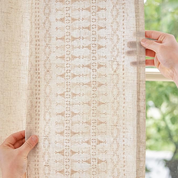 jinchan Boho Curtains for Bedroom Beige Linen Blend Curtains Farmhouse Embroidered Bordered Living Room Drapes 90 Inch Length Bohemian Light Filtering Grommet 2 Panels Ivory on Beige