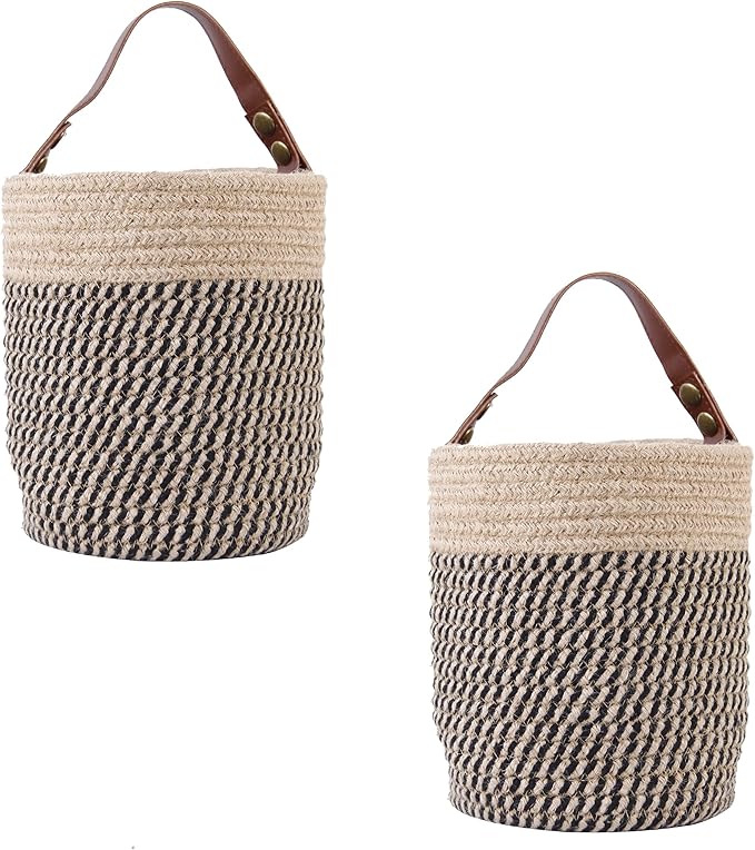 Hanging Basket(2Piece) Wall Woven Cotton Rope Storage Basket with Leather Decorative Baskets Organizer for Kitchen Office Bedroom,Plants,Towels, Toys