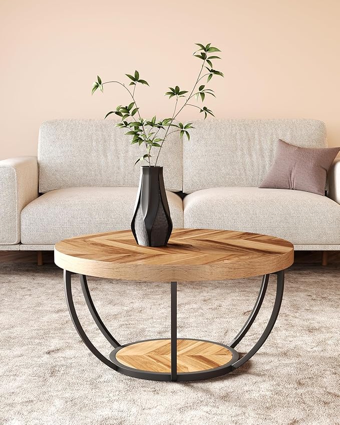 LITTLE TREE Round Coffee Table, 32" Circle Coffee Table for Living Room, 2-Tier Wood Accent Center Table with Open Storage Industrial Design Home Furniture (Wood Grain and Black)