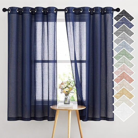 NICETOWN Natural Open Linen Weave Flax Textured Sheer Window Curtains, 63 inches Medium Long Privacy Semi-Transparent Sheer Panels for Farmhouse/Bedroom, 104" Wide Total 2 Panels, Dark Blue