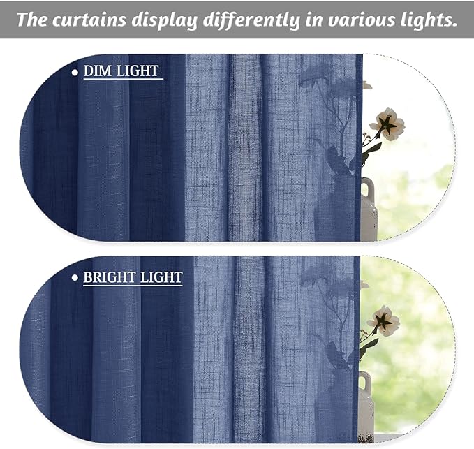 RYB Home Linen Sheer Curtains - Linen Textured Wave Semi Sheer Curtains Light & Airy for Bedroom Bathroom Kitchen Window Decor, Navy Blue, Wide 52 x Length 45 inch, 2 Panels