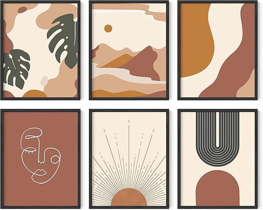 HAUS AND HUES Boho Prints Neutral Wall Art - Set of 6 Boho Art Prints Mid Century Modern Wall Art | Bohemian Artwork for Wall Aesthetic Decor (Black Frame, 11x14)