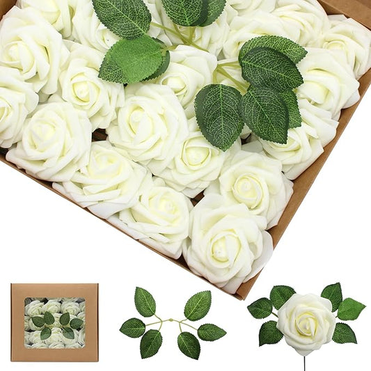 Artificial Flowers Milk White Roses 50PCS Real Looking Foam Fake Roses with Leaves and for DIY Wedding Bouquets Bridal Shower Centerpieces Party Decorations (Ivory)