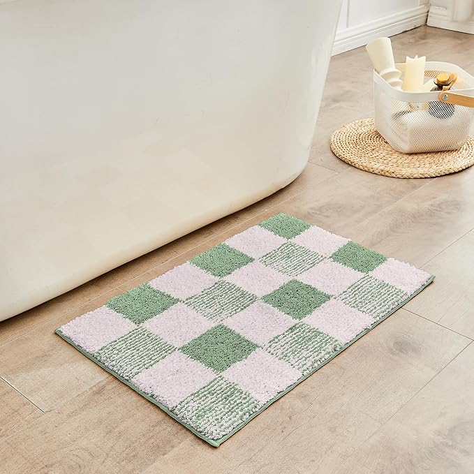 CozeCube Checkered Bath mats Non Slip, Fluffy Absorbent Microfiber Runner Bath mat Washable, Aesthetic Bathroom Rugs, Long Bath mat for Bathroom Floor, Sage Green, 47"X24"