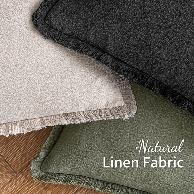MIULEE Decorative Throw Pillow Covers Neutral Linen Fringe Throw Pillows Set of 2 Black Boho Farmhouse Cushion Covers with Tassels for Couch Sofa Bed Living Room Spring Home Decor 16x16 Inch