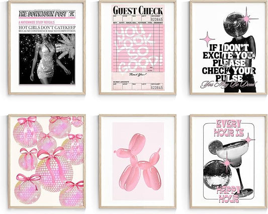 Habseligkeit Pink Fashion Wall Art Prints, Trendy Cute Wall Art Posters for Room Decor Aesthetic, Unique Room Decor for Girls Dorm, Unframed, 11x14in, Set of 6