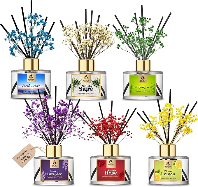 The Aroma Factory Fragrance Reed Diffuser Set with Essential Oil, Aroma Sticks & Real Preserved Flowers | Home Decor Scents (Fresh Active, White Sage, Lemongrass, Lavender, Rose, Lemon, 6 Pack)