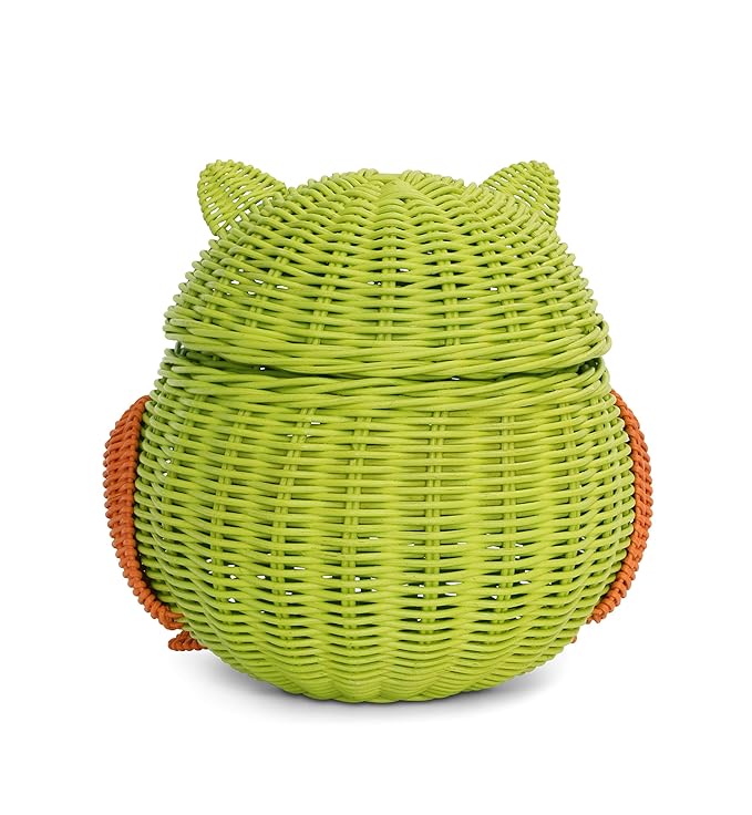 Owl Rattan Storage Basket With Lid Decorative Bin Home Decor Hand Woven Shelf Organizer Cute Handmade Handcrafted Nursery Gift Animal Decoration Artwork Wicker Hoot Owl Green