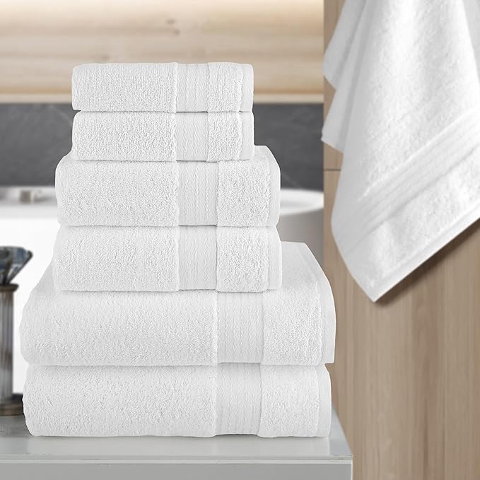 Elegant Comfort Premium Cotton 6-Piece Towel Set, Includes 2 Washcloths, 2 Hand Towels and 2 Bath Towels, 100% Turkish Cotton - Highly Absorbent and Super Soft Towels for Bathroom, White