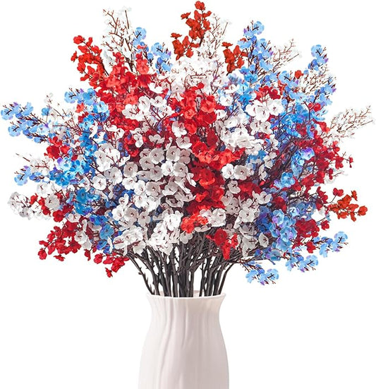 Uieke 30 Pcs 4th of July Artificial Flowers Fake Patriotic Babys Breath Flowers for Independence Day Decor Blue White Red Silk Flowers for Memorial Day Floral Arrangement Home Wedding
