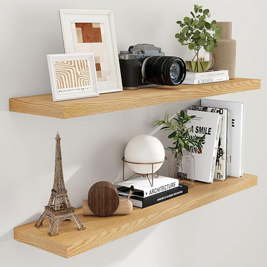 48"W x 9"D Floating Shelves Set of 2, 9.3 Inch Deep Floating Shelves Wall Mounted, Wide Wall Shelves Invisible Bracket, Deep Storage Shelves for Living Room, Bathroom, Kitchen, Oak Color