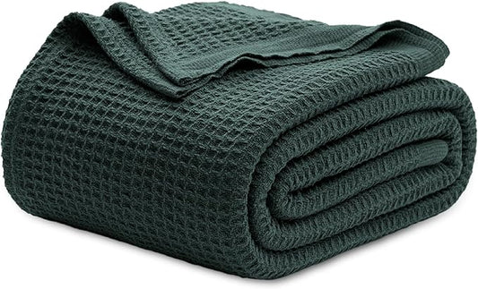 Bedsure 100% Cotton Blanket Queen Size for Bed - Breathable and Soft, Waffle Weave Blanket for Summer Spring, Dark Green, 90x90 Inches