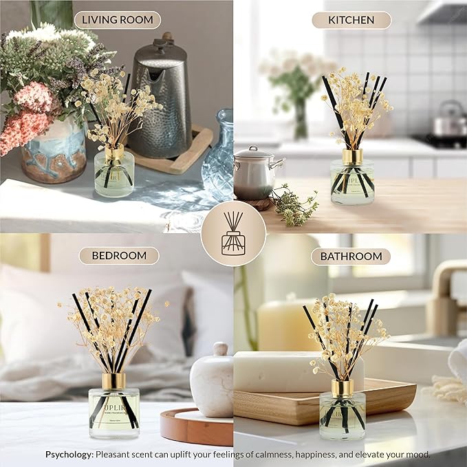 Flower Reed Diffusers for Home with 1 Jasmine & White Tea Double Essential Oil, 3.4 oz (100ml) - Elegant Reed Diffuser Set with 5 Sticks for Home Decor, Bathroom, Any Room, Housewarming Gift