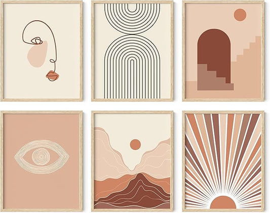 HAUS AND HUES Boho Prints for Wall Decor - Set of 6 Geometric Posters and Bohemian Art Prints Mid Century Wall Art | Aesthetic Bohemian Wall Decor (16x20, Framed Beige)