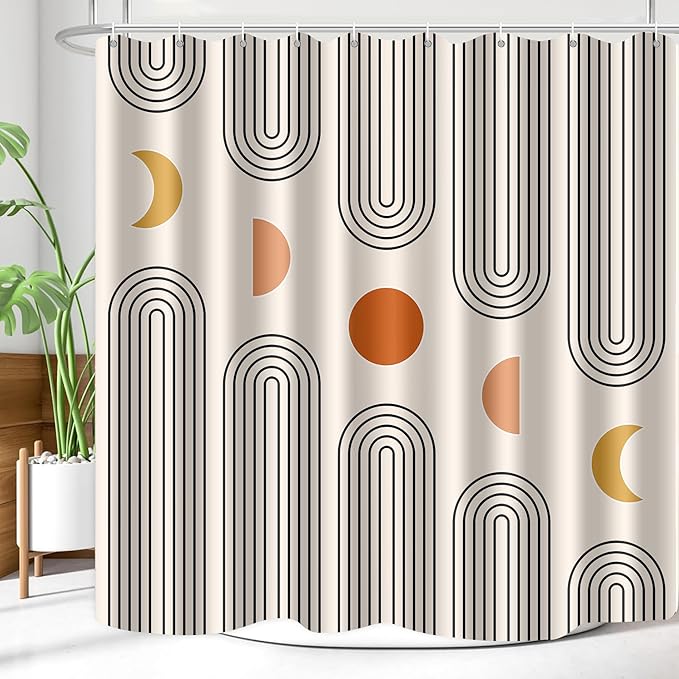 Boho Shower Curtains for Bathroom Mid Century Minimalist Abstract Aesthetic Modern Bathroom Decor Curtain Machine Washable Waterproof Fabric with 12 Hooks (Beige Minimalist, 72" x 72")