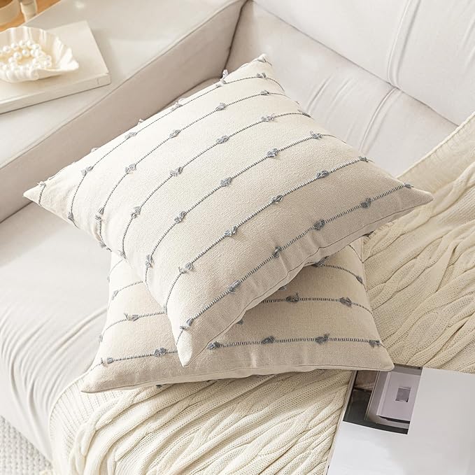 Boho Throw Pillow Covers 24x24 Set of 2 Modern Farmhouse Decorative Cushion Case Tufted Square Pillows Cover Neutral Pillow Cases Accent Pillowcase for Sofa,Couch,Bed,Beige and Grey