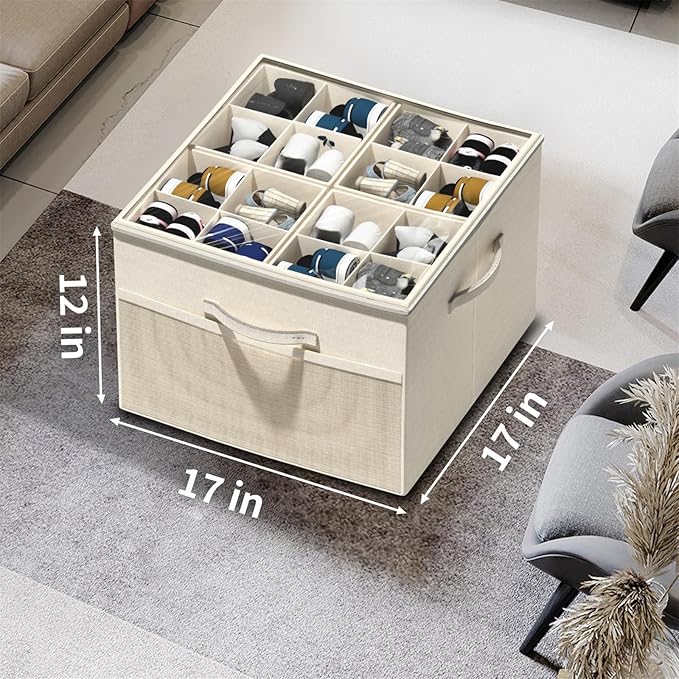 Aokeyee Shoe Organizer for Closet,Foldable Shoe Storage Organizer Box Bin with Adjustable Dividers and Clear Cover, Fits up to 16 Pairs (Beige)