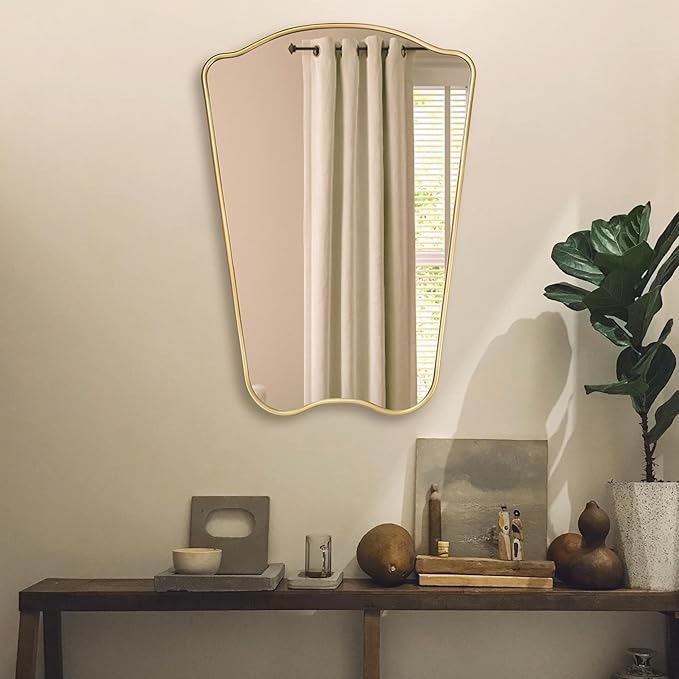 PERFNIQUE Gold Bathroom Mirror Irregular Wall Mirror, 32'' x 23'' Wood Framed Mirror, Decorative Vintage Mirror, Modern Vanity Mirror for Over Sink Bathroom Living Room Entryway, Modern Wall Decor
