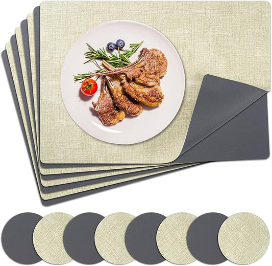 Placemats Set of 8 with Coasters Dual Sided Heat Stain Resistant Place Mats Faux Leather Table Mats Non-Slip Waterproof Oil-Proof Washable Wipeable Table Placemats for Dining Patio Table Kitchen