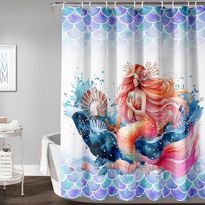 AILONEN Mermaid Shower Curtain,Watercolor Whale and Mermaid Bath Curtain,Beautiful Mermaid Princess Shower Curtain Ocean Fish Scale Print Curtain Waterproof with 12 Plastic Hooks, 72" W*84" H