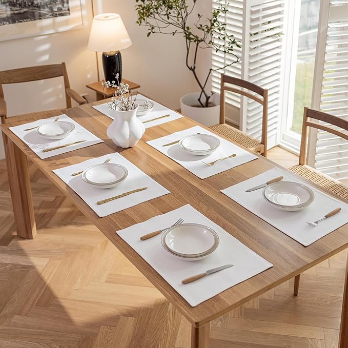Demetex White Placemats Set of 6 Heat Resistant Linen Place Mats Washable Dining Table Plate Mat for Holiday Wedding Kitchen Decor, Pure White