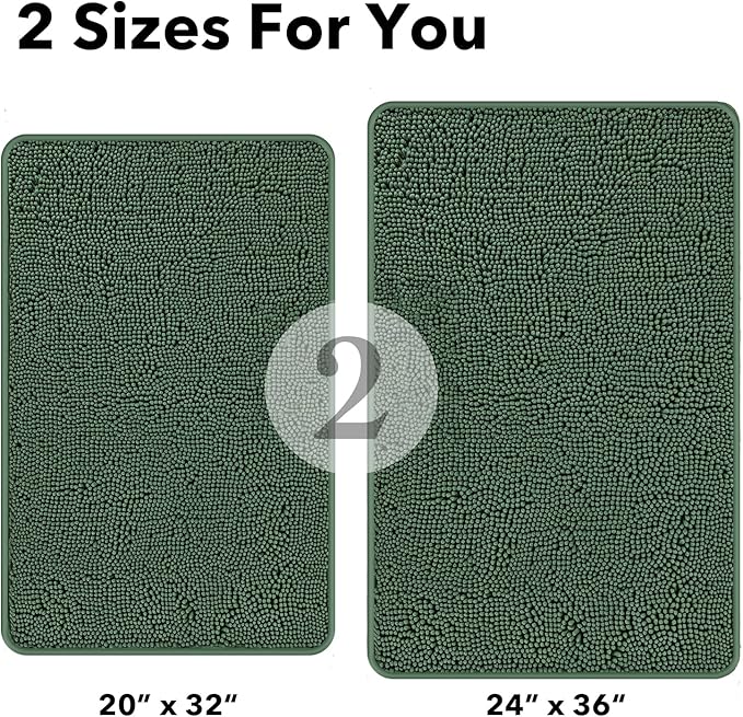Dark Green Bathroom Rugs Sets 2 Piece – Absorbent and Washable Bath Mat, Non-Slip, Thick Soft Chenille Bath Rugs for Bathroom Floor, Shower, Sink - 20" x 32"+24" x 36"