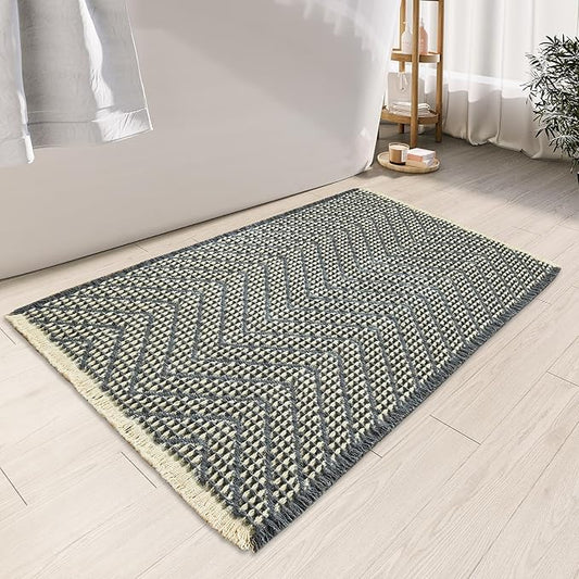 Woven Bath Mat,Upgraded Waffle Self Drying Bath Rug,Super Absorbent Non Slip Bath Drying Mat,Floor Rugs Non Slip Washable for Shower Room,Ultra Soft,Bluish Grey & Yellow,24"*36"