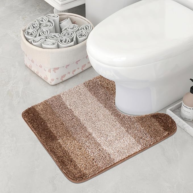 Walensee Bathroom Contour Rug (20 x 24, Ombre Brown) Non Slip, Absorbent, Soft Microfiber Shaggy U Shape Bath Mat