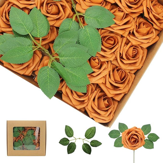 100PCS Artificial Flowers Gold Sparrow Roses Real Looking Foam Fake Roses with Leaves and for DIY Wedding Bouquets Bridal Shower Centerpieces Party Decorations (Gold Sparrow, 100)