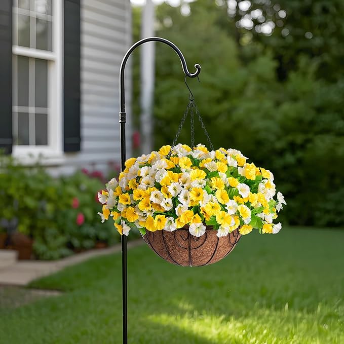 Artificial Hanging Flowers with Basket, Faux Silk Petunias Flower Arrangement, Coconut Lining with Morning Glories Fake Plants Patio Garden Porch Deck Spring Summer Decor(Yellow and White)
