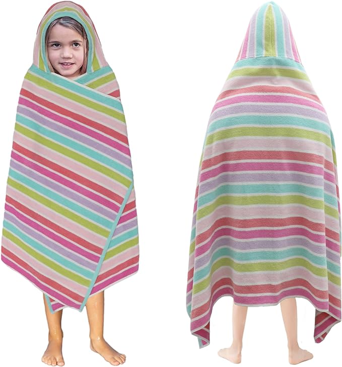 Hooded Bath Towel Wrap - 100% Cotton Terry Large Oversized Hooded Kids Towel - Toddler Shower Pool Beach Towel - Super Soft Plush Absorbent Quick Dry Easy Care Gift - 30x60 - Pink Multi