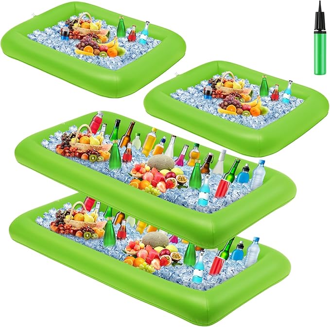 Leitee 4 Pcs Inflatable Ice Serving Bars Buffet Serving Tray Drink Cooler for Pool Party Inflatable Ice Tray Floating Food Drink Containers with Drain Plug and a Hand Pump, 2 Sizes (Green)