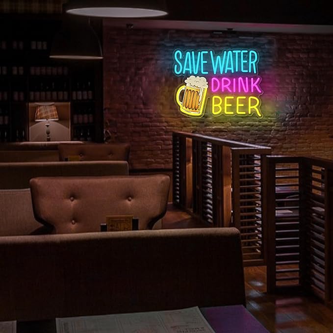 Save Water Drink Beer Neon Sign LED Beer Neon Lights for Wall Decor Dimmable Neon Bar Signs for Home Beer Bar Man Cave Pub Restaurant Bistro Club Party Decorations