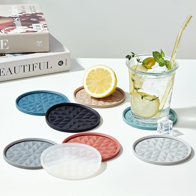 Silicone Coasters for Drinks[6 Pack]- Cup Mat with Holder for Tabletop Protection-Non-Slip, Non-Stick, Coffee Table Decor, Great Gift for Any Occasion, Black