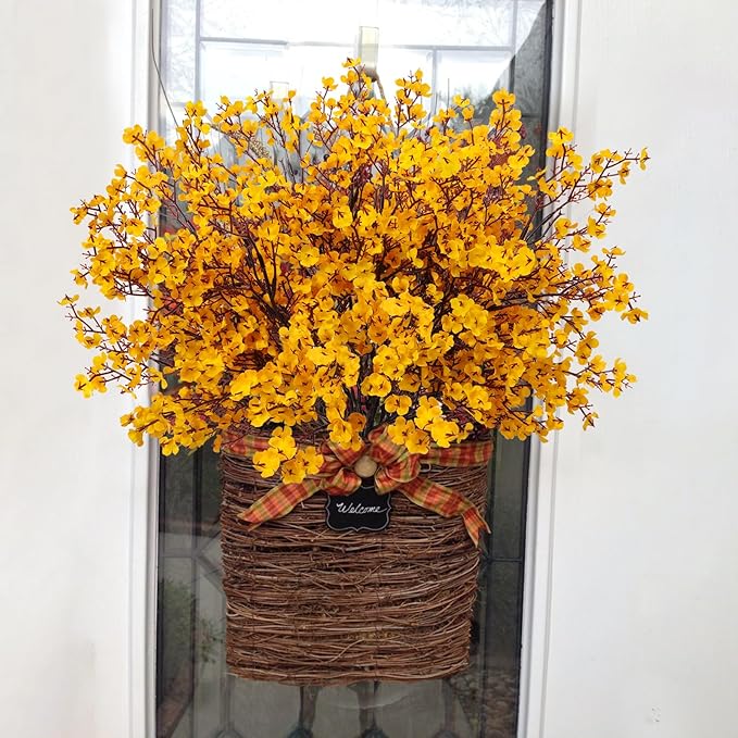 AILANDA 12 PCS Artificial Fall Flowers Babys Breath Orange Yellow Real Touch Silk Floral Arrangement Gypsophila Flowers for Home Wedding Table Centerpiece Fireplace Vase Filler Autumn Decor
