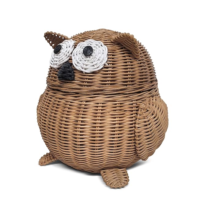 Owl Rattan Storage Basket With Lid Decorative Home Decor Hand Woven Shelf Organizer Cute Handmade Handcrafted Gift Art Decoration Artwork Wicker Hoot Owl (Small, Brown)